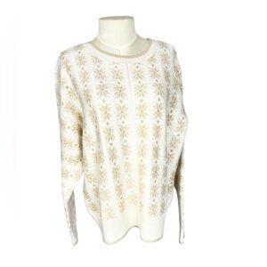 LUCKY BRAND SHINE Intarsia Knit Sweater Size Large gold metallic snowflakes